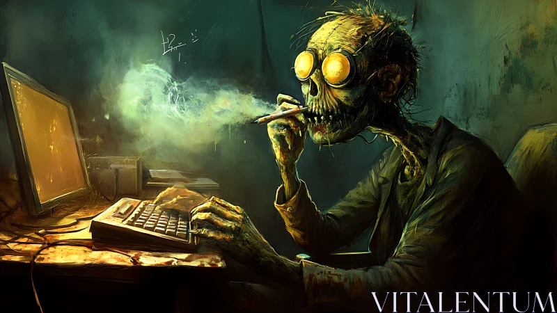 Decaying hacker chained to glowing monitor in toxic haze.