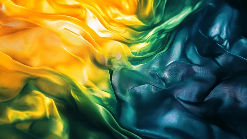 Iridescent flowing textiles in yellow teal chromatic waves.