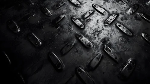 Close-up of industrial metal surface with raised textures, moody lighting.