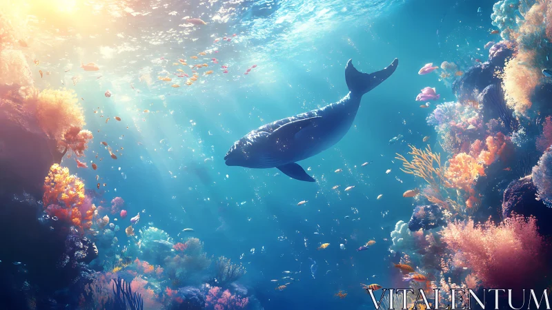 Whale glides through glowing coral reef under sunlit water