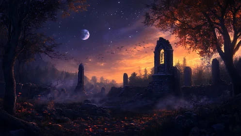Twilight ruins with moonlit sky and mist, digital painting.