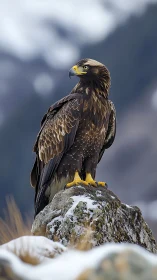 Eagle stands on snow-dusted rock in a mountainous environment