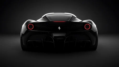 Rear view of black sports car with illuminated circular taillights.