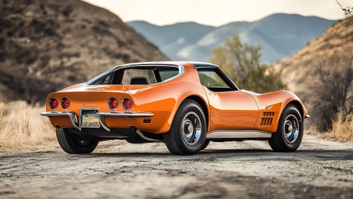 Orange classic sports coupe parked on gravel road in hills