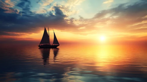 Sailboat silhouette on calm sea under vivid sunset sky.