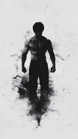 Silhouetted male figure formed by black ink dispersion.
