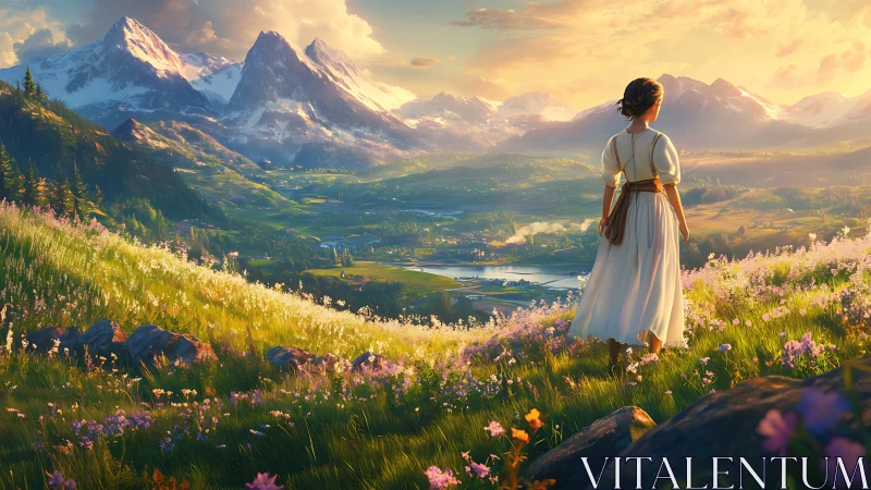 Sunlit wanderer pauses as alpine valley dreams awake