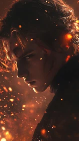 Battle-scarred youth in ember field rendered with volumetric glow