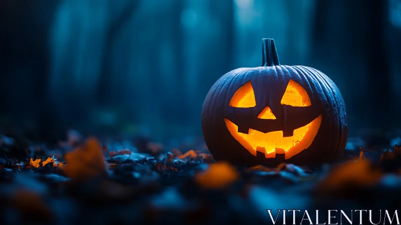 Glowing jack-o’-lantern in misty blue forest at dusk.