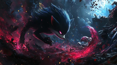 Shadowy cosmic hedgehog races through swirling red energy