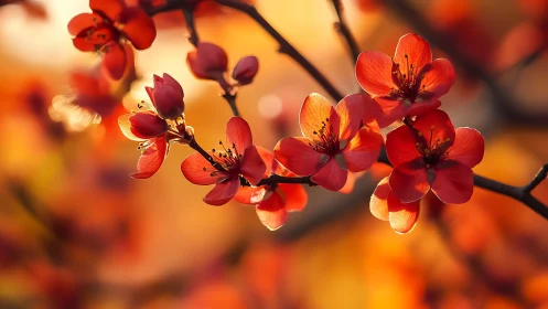 Backlit red blossoms reveal translucent petals in warm bokeh