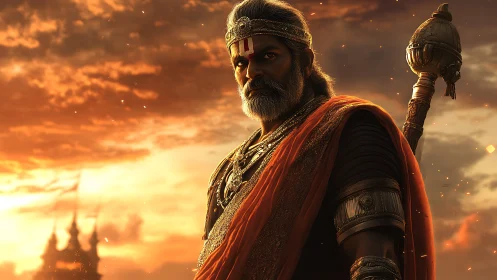 Sunlit warrior elder with mace in cinematic digital armor.