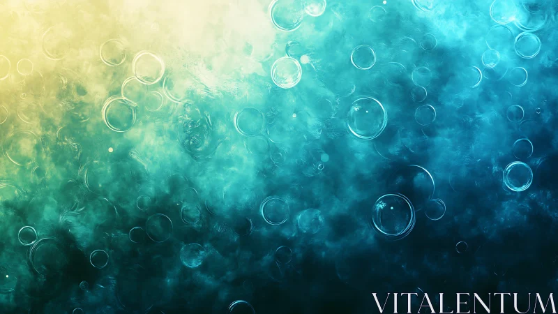 Abstract aqua bubbles swirling through teal light field.
