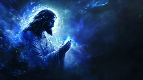 Luminous saint cradles a blue cosmic spark in silent prayer.