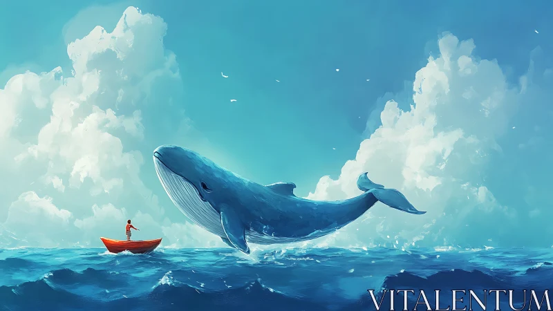 Giant blue whale leaping beside tiny red boat at sea.