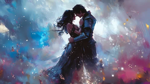 Romantic Couple Portrait in Ethereal Digital Painting: Dynamic Blue and Magenta Color Palette