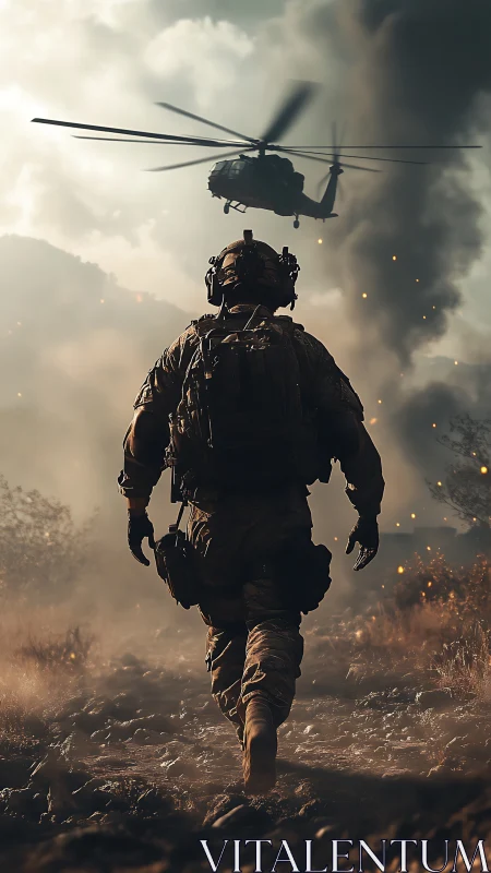 Soldier advances toward helicopter through smoky battlefield