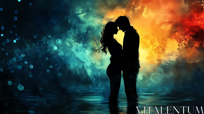 Two Silhouettes Embrace Within Cascading Fire and Frost.