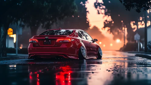 Lowered red Toyota sedan on wet street at dusk.