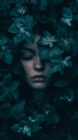 Low-key botanical portrait with occluded face and foliage veil.