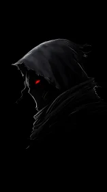 Hooded dark figure with red glowing eye in profile view.