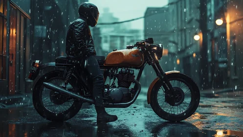 Cinematic alley study of rider and cafe racer in rain-soaked profile.
