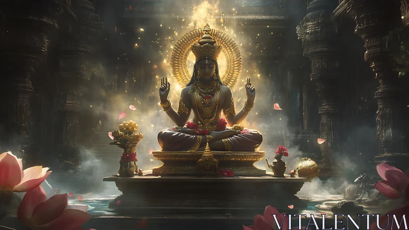 Golden goddess statue radiates light in a misty temple sanctuary