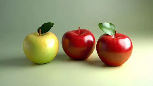 3D still life of three glossy apples on muted gradient plane.