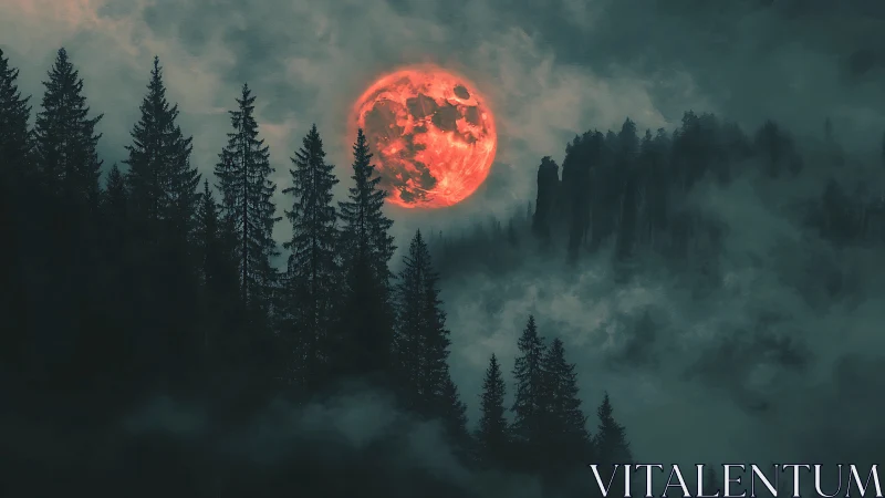 Blood-red supermoon illuminates mist-laden conifer forest at dusk
