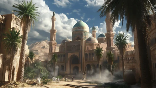 Desert city courtyard surrounds ornate domed mosque complex