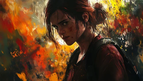 Battle-worn young survivor portrait in fiery abstract chaos