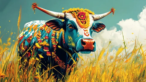 Floral painted cow strides through golden summer meadow