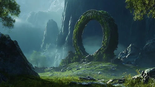 Ancient moss-covered stone ring dominates misty valley.
