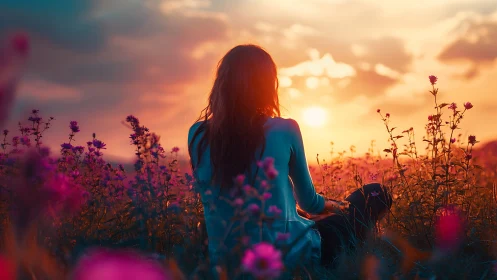 Woman watches blazing sunset over wildflower meadow
