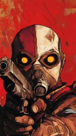 Gas-masked gunman in close-quarters aim against distressed red field