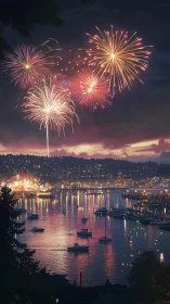 Firework constellations bloom above a twilight harbor dream