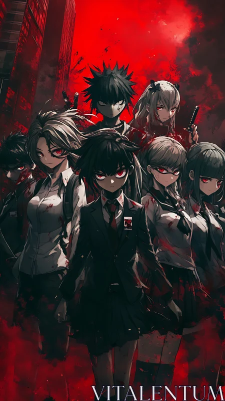 Blood-soaked anime students in dystopian red urban apocalypse
