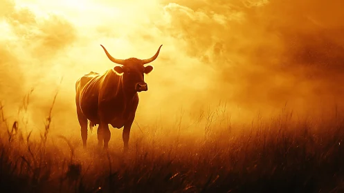 Longhorn cow stands in blazing orange sunset mist