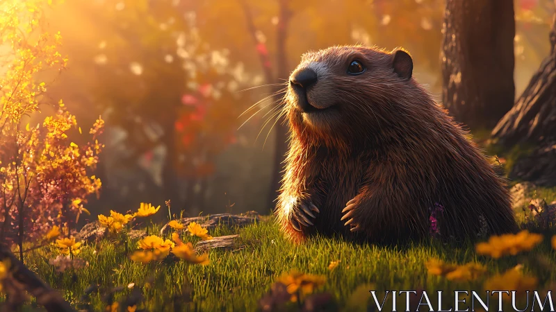 Sunlit meadow marmot dreaming in golden woodland glow.