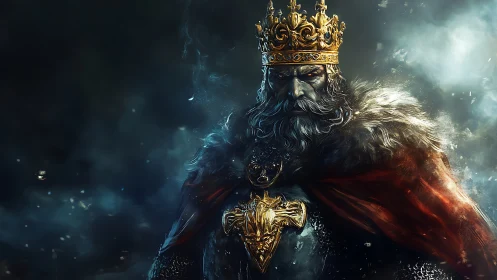 Armored elder king in turbulent chiaroscuro atmosphere.