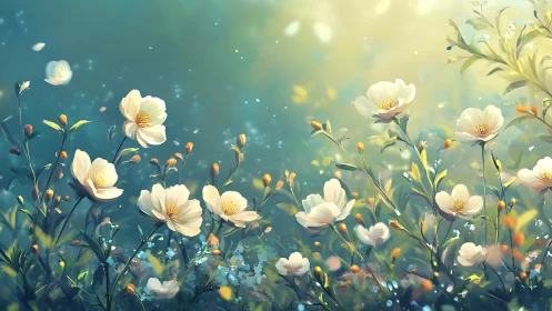Field of white blooms with golden centers in atmospheric gradient light.