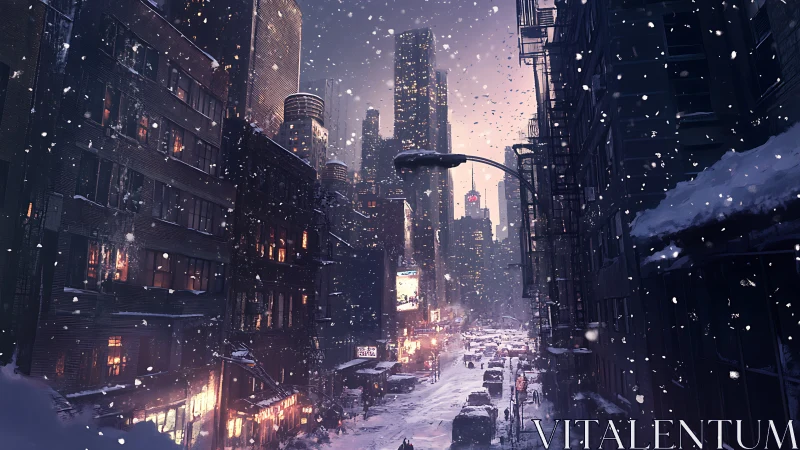 Dense winter city canyon illuminated by mixed artificial light sources