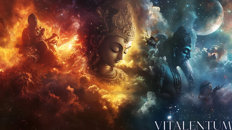 Cosmic deities in fiery and celestial convergence panorama.