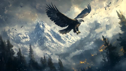 Majestic Bald Eagle Soaring Over Dramatic Snowy Mountains in Digital Art.