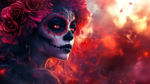 Digital painting of La Catrina portrait in infernal bloom.