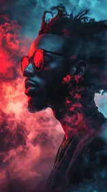 Neon portrait cuts silhouette through red cyan smoke.