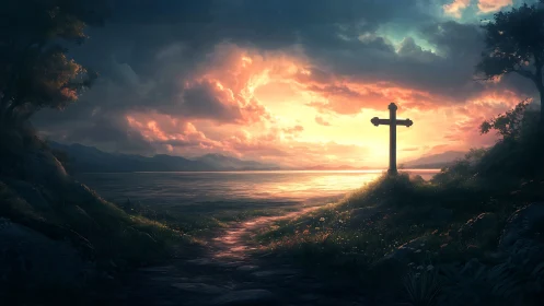 Radiant littoral cruciform under volumetric sunset skyfield.