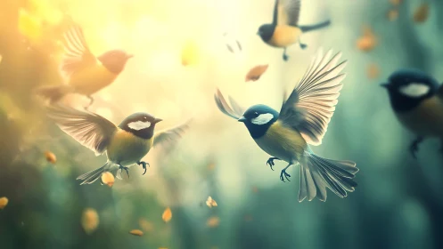 Colorful Songbirds in Flight with Soft Sunlight, Dreamy Style.
