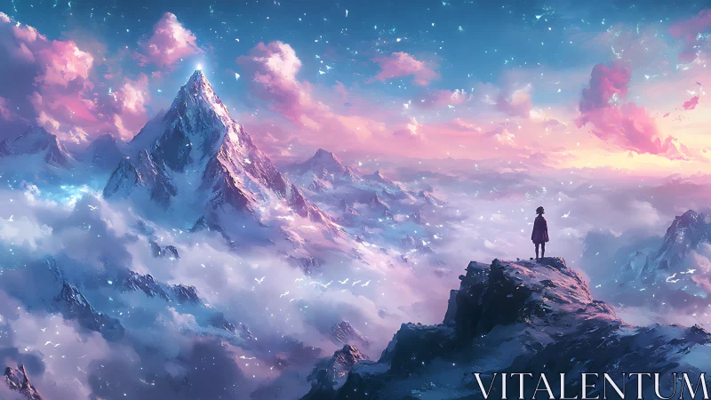 Solitary figure overlooks luminous pastel mountain range