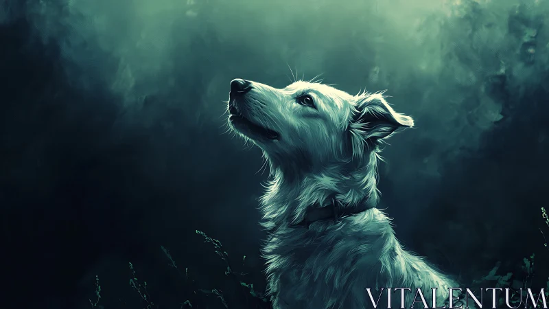 White dog in side profile against dark teal background.